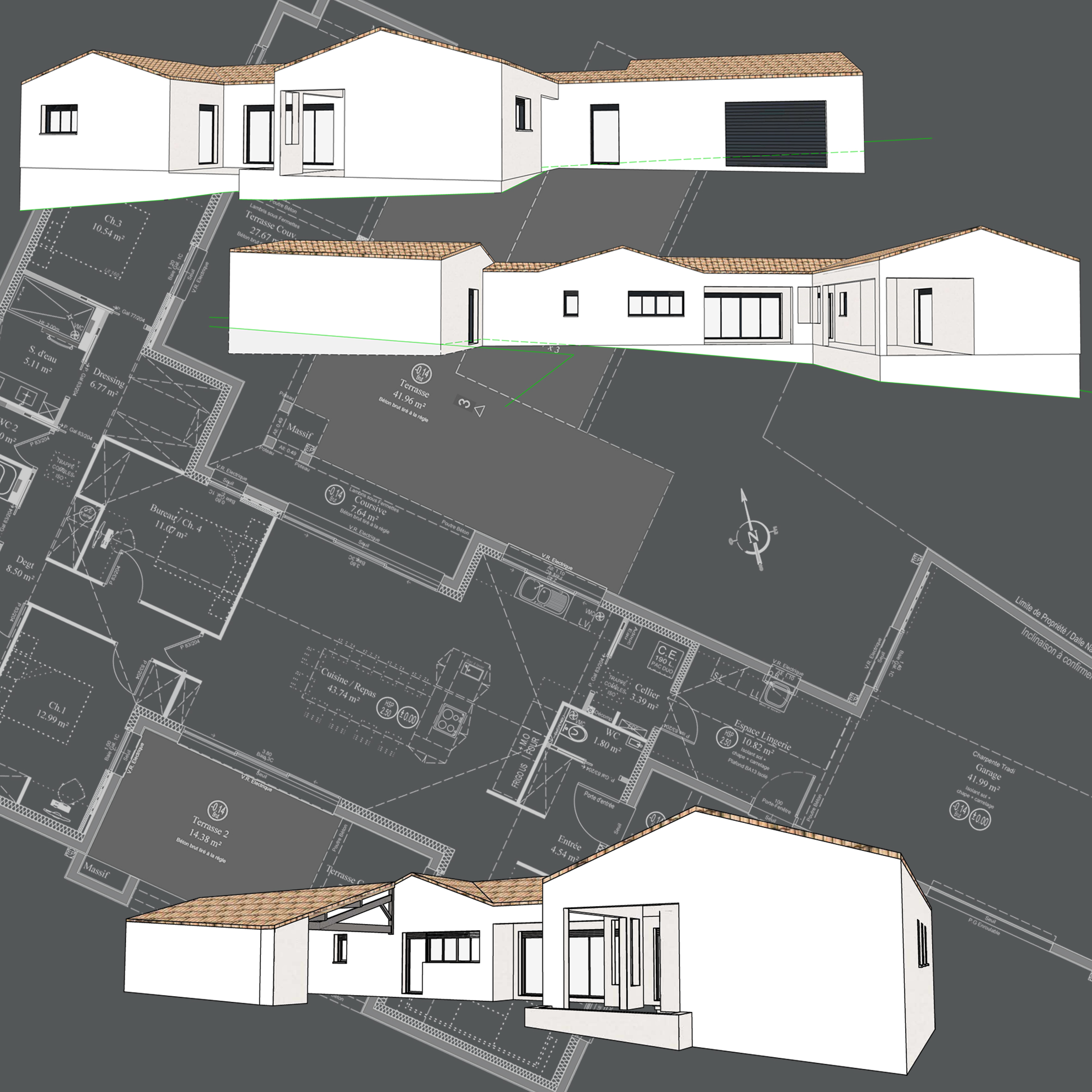 Maison Familiale moderne 145 m²,maison 4 Chambres + garage, Plan en H, plans esquisses avant-projet